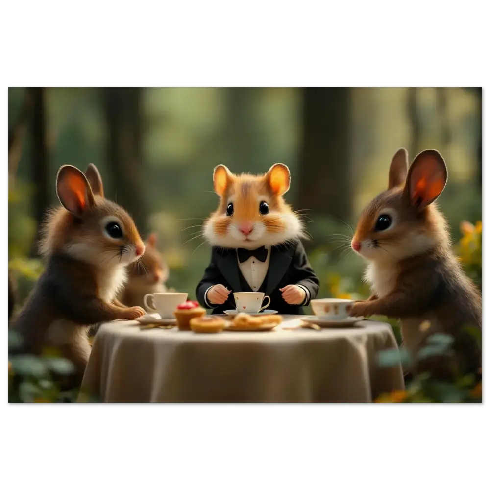 Anthropomorphic animals enjoying a tea party at Forest Tea Party on Birch wood print