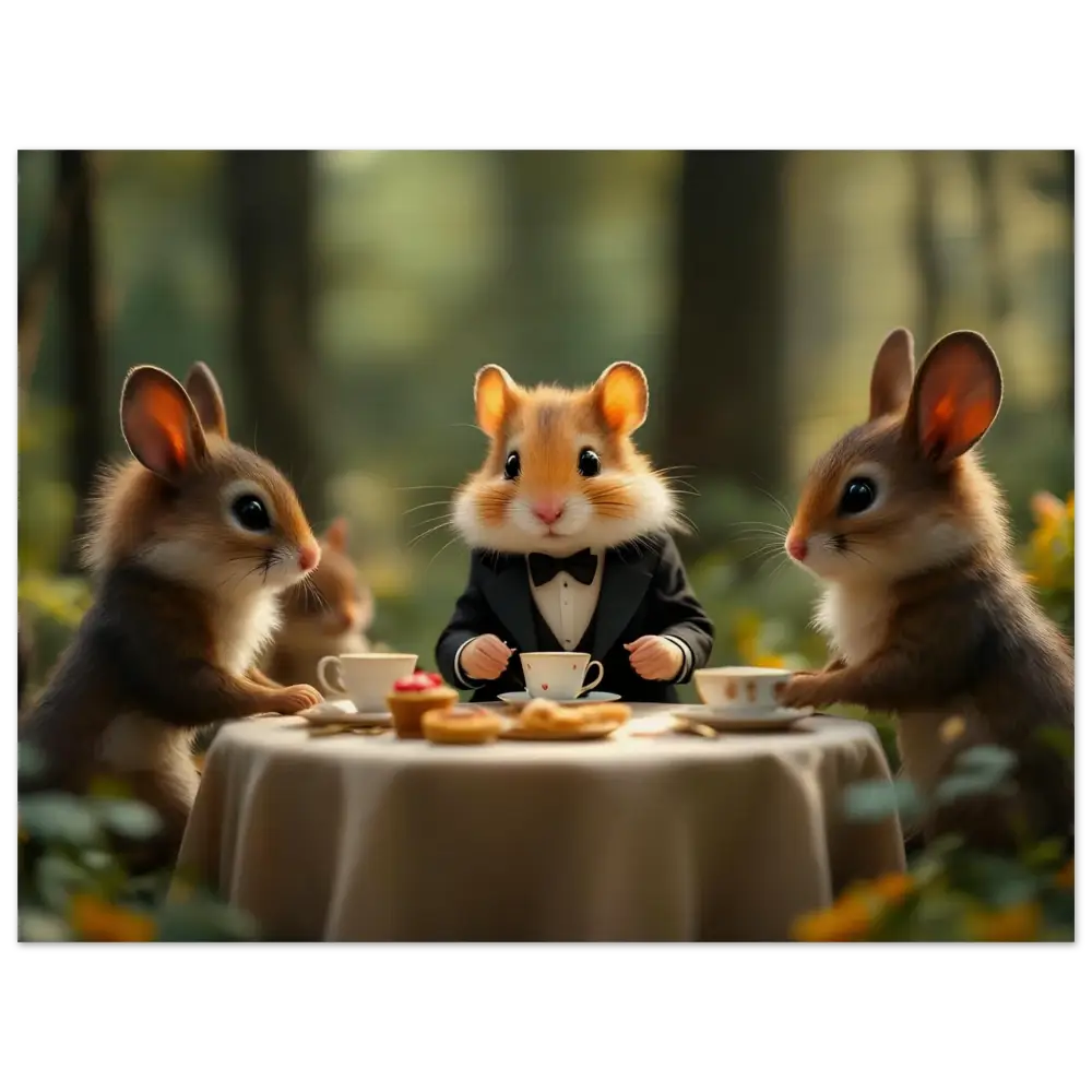 Anthropomorphic animals enjoying a high tea in a Forest Tea Party scene on Birch wood print