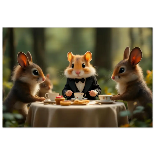 Anthropomorphic animals enjoying a tea party at a rustic forest-themed wood print