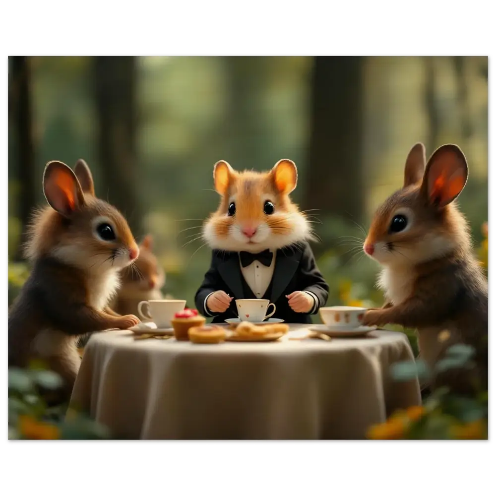 Anthropomorphic hamster and rabbits enjoying a tea party at Forest Tea Party wooden wall art
