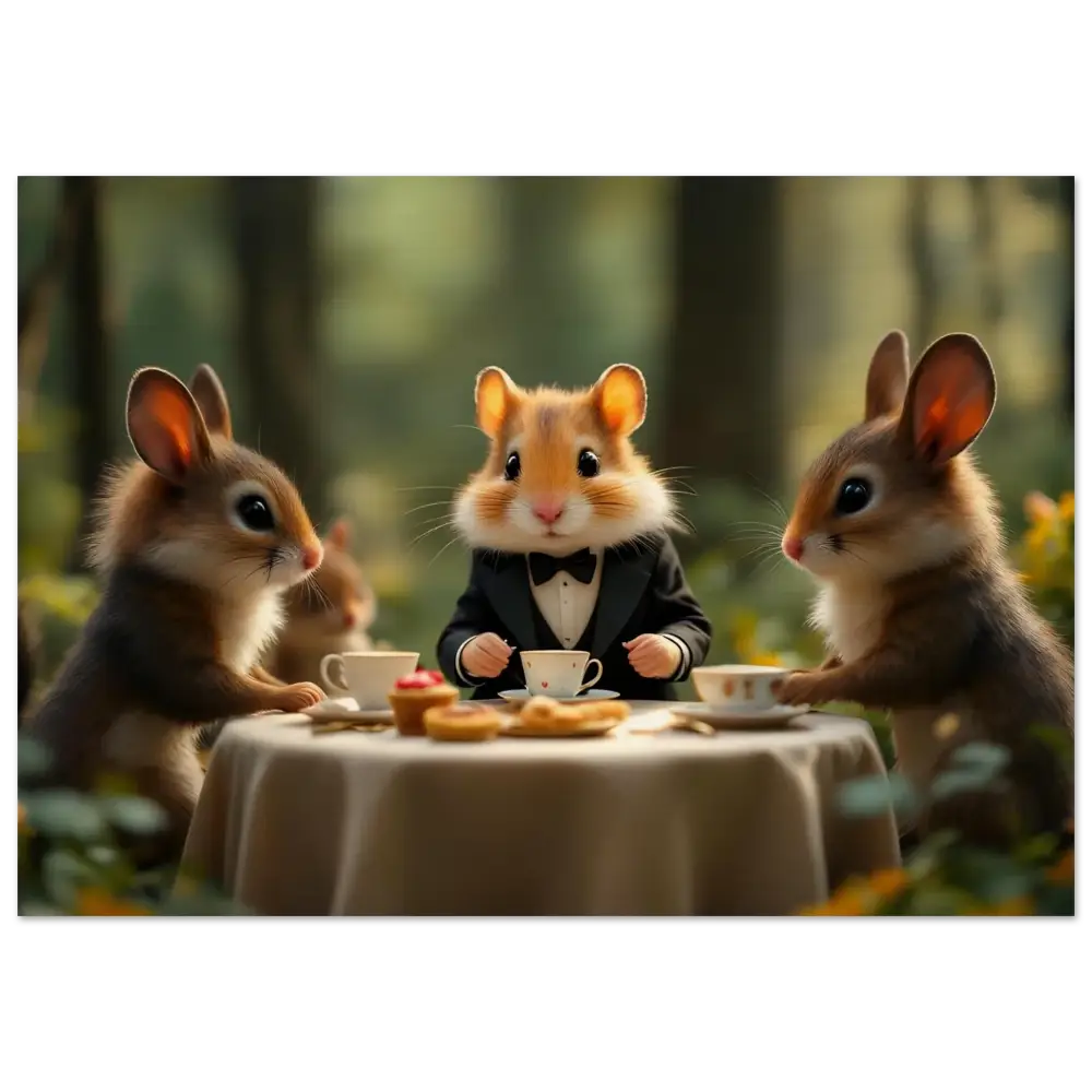 Anthropomorphic animals having tea at Forest Tea Party on Birch wood print
