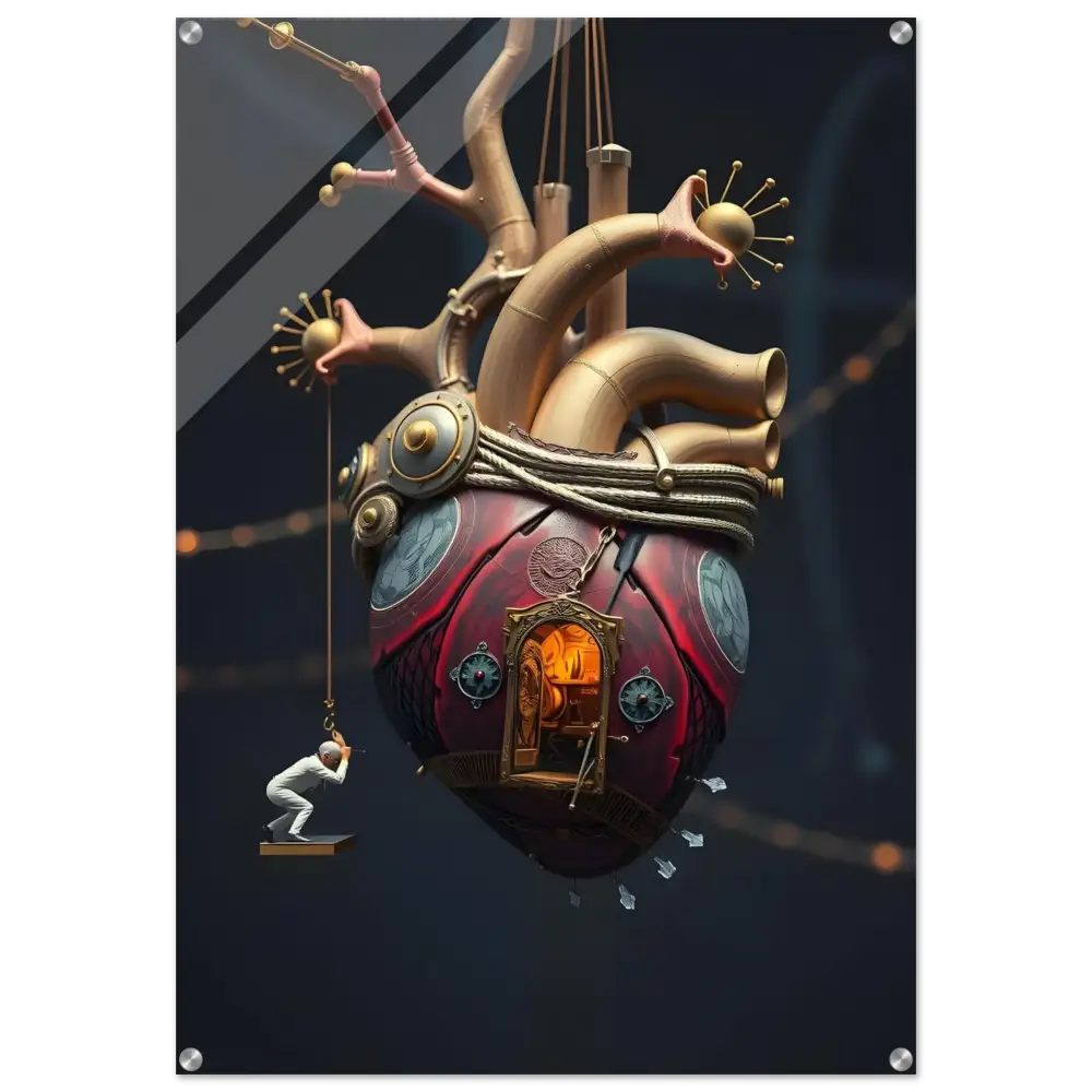 Steampunk heart sculpture with miniature figure on Heart Machine Acrylic Art panel