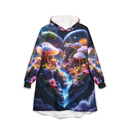 Mushroom-themed wearable blanket hoodie with cosmic galaxy design and nebula heart decor