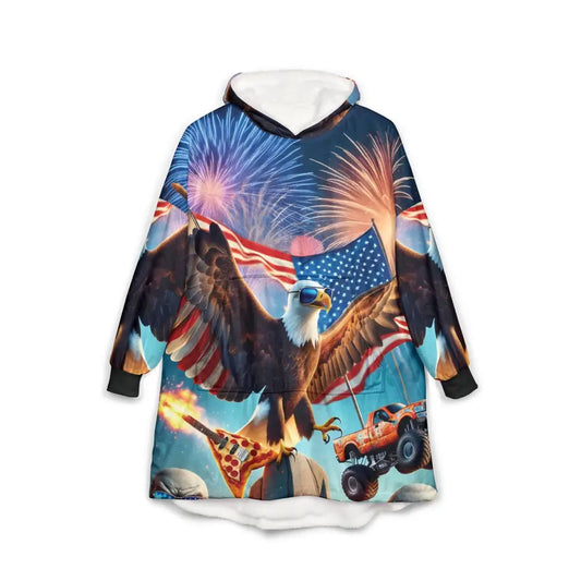 Oversized hooded sweatshirt with patriotic imagery from PixiOnyx Freedom Shreds Eternal blanket