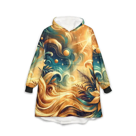 Oversized wearable blanket hoodie with Nebula Bloom Cascade cosmic swirl design