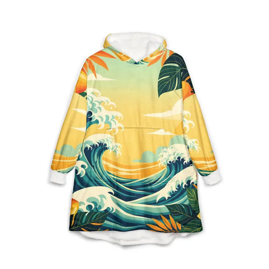 Wave-patterned wearable blanket hoodie from PixiOnyx Mango Surf Snuggle Cloak