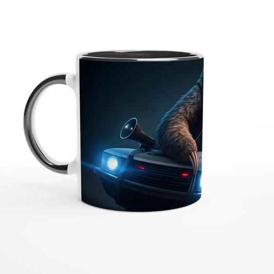 Two-tone mug with sloth on car design from PixiOnyx Comedy Brewware Hot Pursuit Cold Hotdog