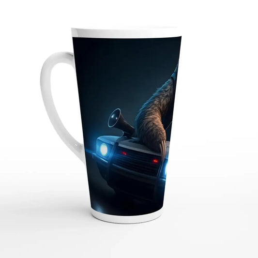 Hot Pursuit Cold Hotdog 17oz Latte Mug featuring sloth on car design by PixiOnyx