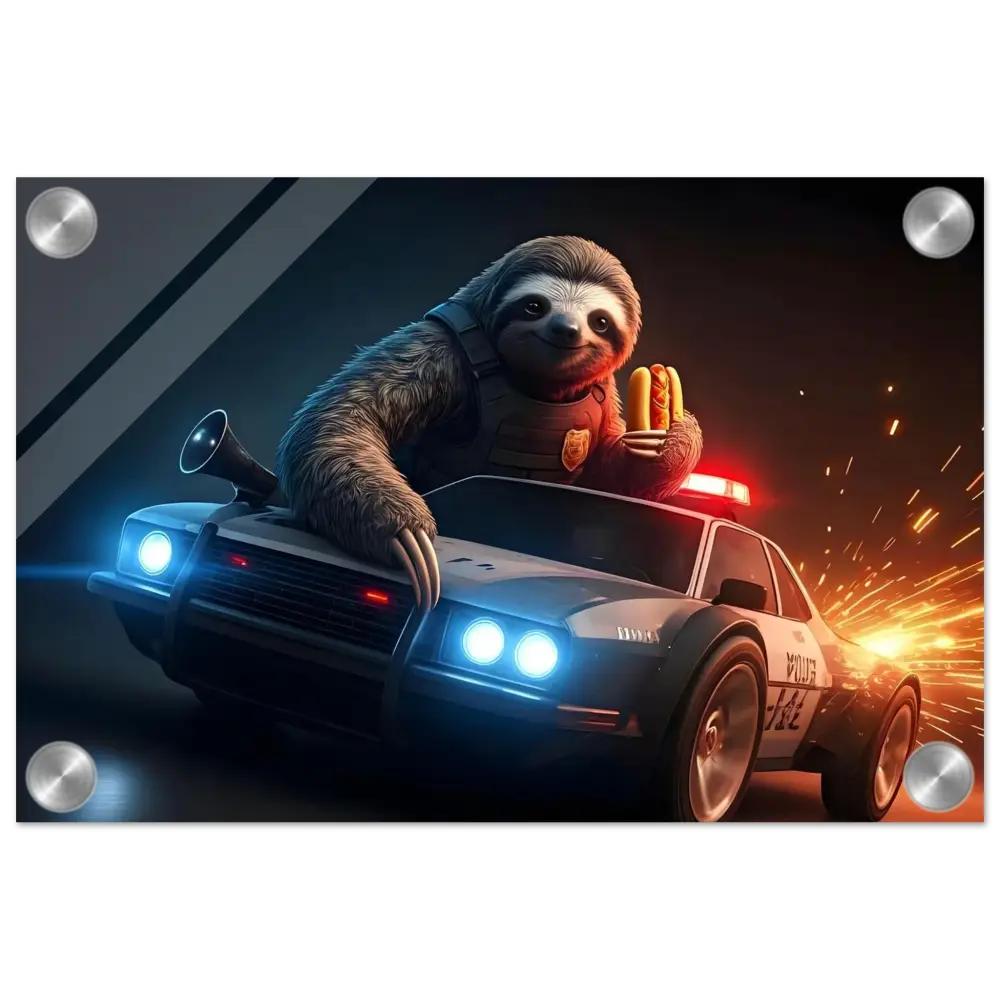 Sloth driving police car holding hotdogs for Hot Pursuit Cold Hotdog Acrylic Print on PixiOnyx