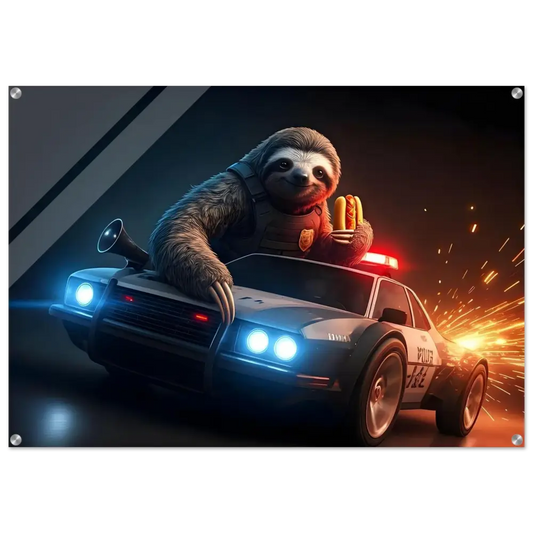 Sloth police officer driving a car on acrylic print Hot Pursuit Cold Hotdog PixiOnyx Glossed Absurdity