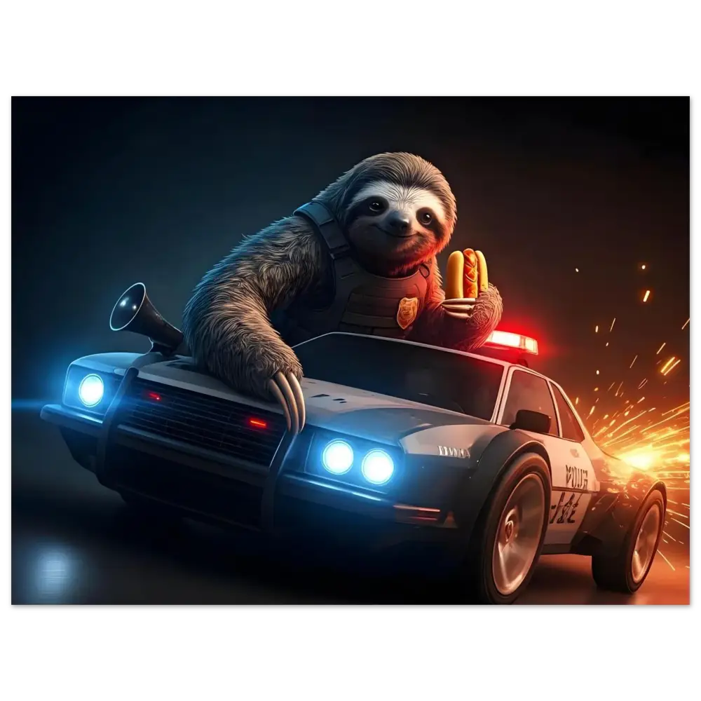 Sloth police officer driving a police car holding hotdogs for Hot Pursuit Cold Hotdog Aluminum Print