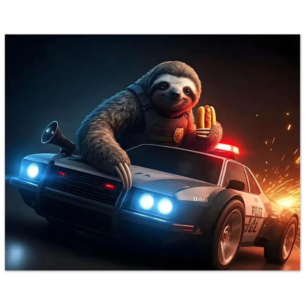 Sloth police officer with hotdogs in a fast car for Hot Pursuit Cold Hotdog Aluminum Print