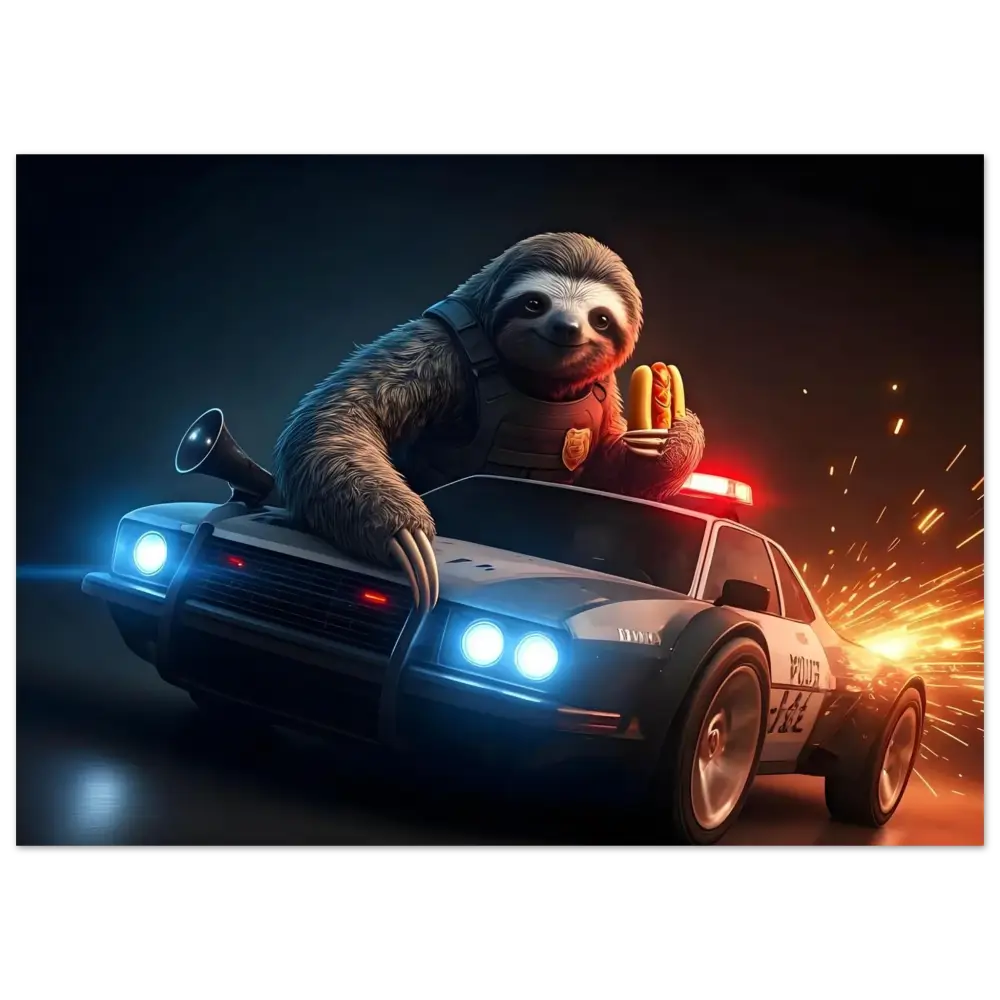 Sloth police officer with hotdogs on police car aluminum print PixiOnyx humor panel