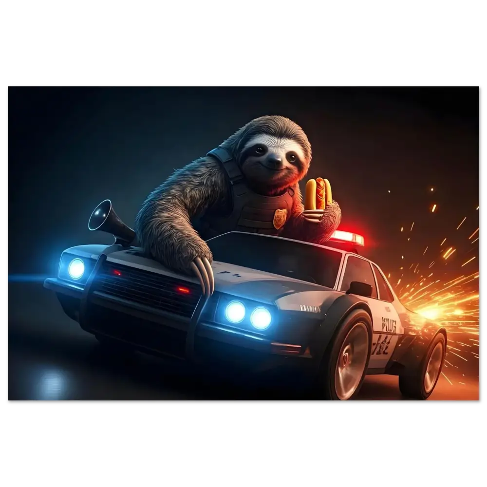 Sloth driving police car with hotdogs in a humorous Aluminum Print by PixiOnyx Velocity