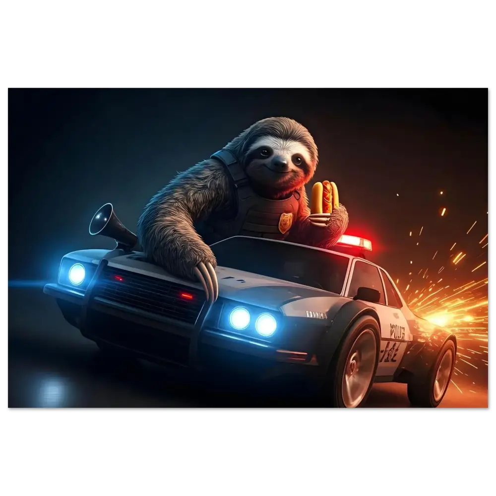 Sloth driving a police car with hotdogs on aluminum print Hot Pursuit Cold Hotdog PixiOnyx