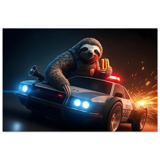 Sloth driving a police car with hotdogs on aluminum print Hot Pursuit Cold Hotdog PixiOnyx