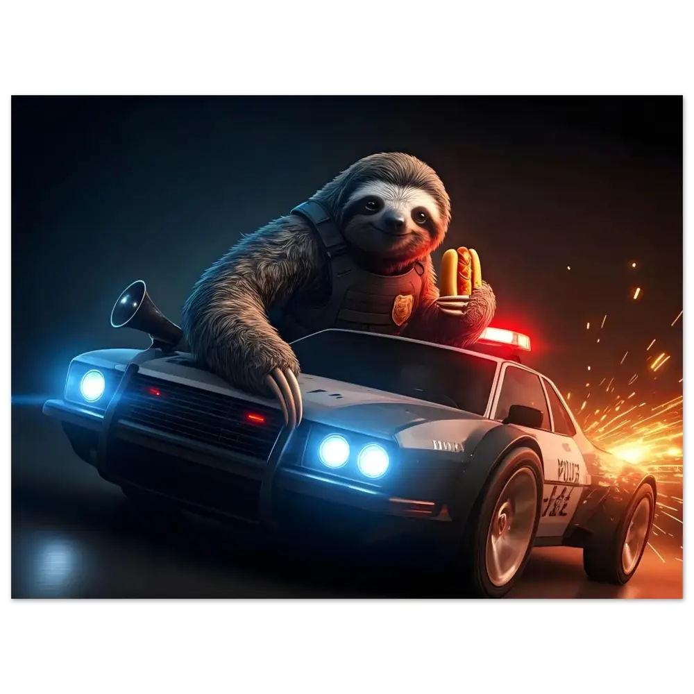 Sloth police officer driving police car with hotdogs for Hot Pursuit Cold Hotdog Aluminum Print
