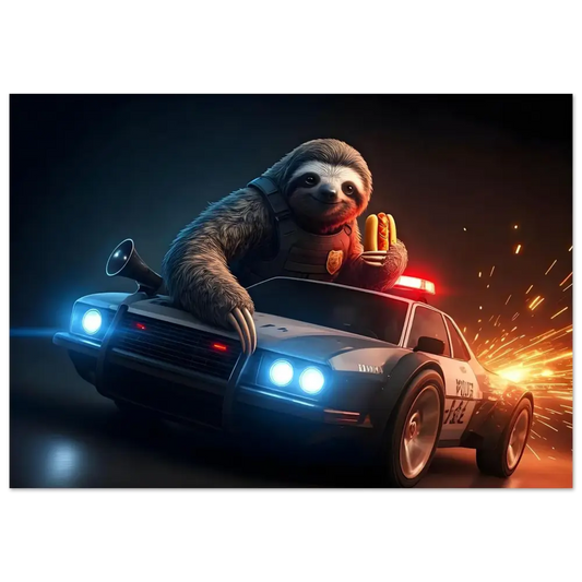 Sloth police officer driving a speeding car in the Hot Pursuit Cold Hotdog art poster