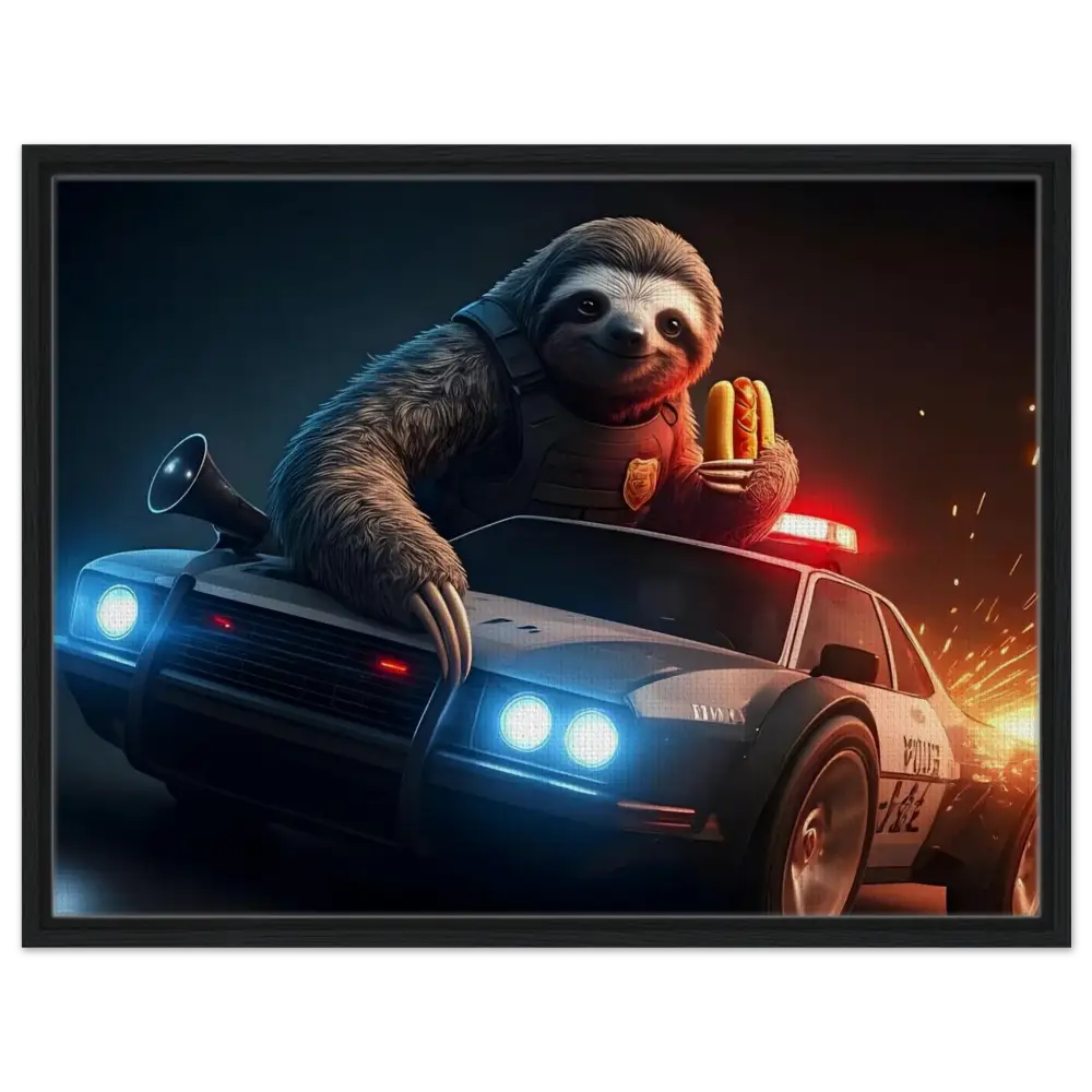 Sloth police officer with hotdogs on a police car for Hot Pursuit Cold Hotdog Framed Canvas