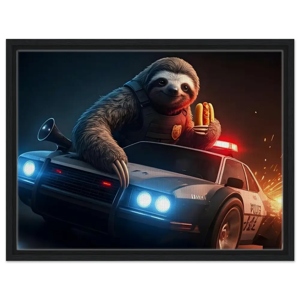 Sloth police officer with hot dogs on a police car in humorous PixiOnyx framed canvas