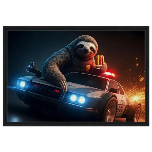 Sloth police officer with hotdogs on a speeding police car in Hot Pursuit Cold Hotdog canvas artwork
