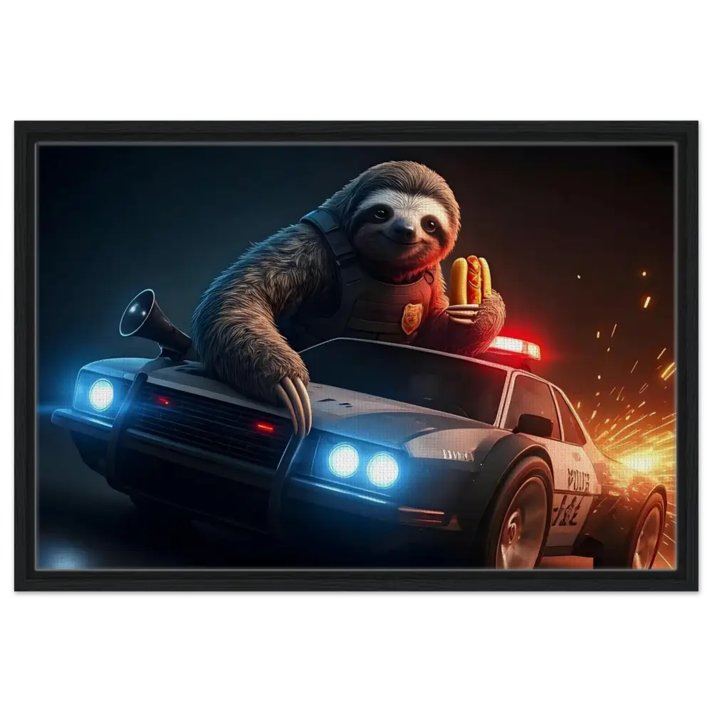 Sloth police officer driving a police car on framed canvas artwork titled Hot Pursuit Cold Hotdog