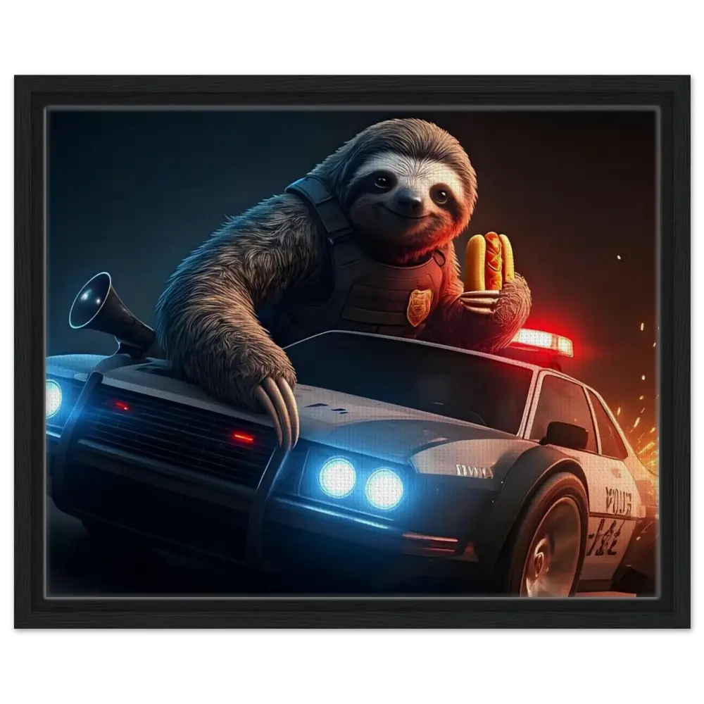 Sloth police officer with hotdogs on a police car in PixiOnyx Hot Pursuit Cold Hotdog canvas