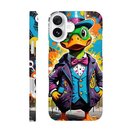 Duck-themed phone case for iPhone featuring gangster duck swagger logo on urban accessory