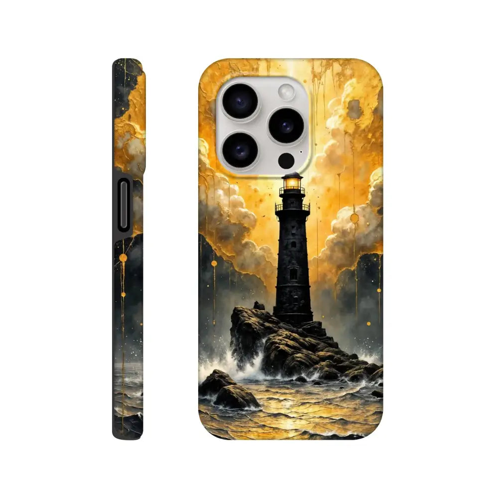 Black lighthouse phone case with golden cloudy sky and rocky waves on glossy polycarbonate outer surface