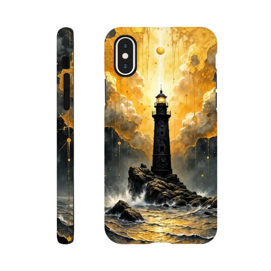 Black and gold lighthouse iPhone case with glossy polycarbonate outer surface in abstract lighthouse masterpiece design