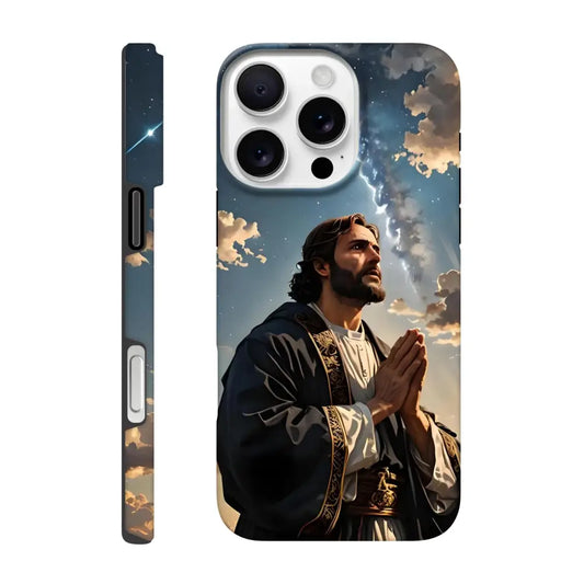 Jesus-themed phone case for iPhone with cosmic prayer design from PixiOnyx