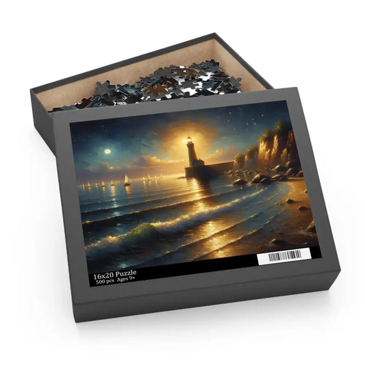 Jigsaw Puzzle of a Lighthouse Scene, PixiOnyx Coastal Art, Beacon of the Quiet Tide