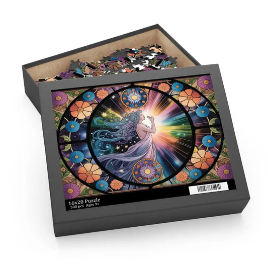 Colorful celestial-themed puzzle box titled Celestial Bloom from PixiOnyx Cosmic Puzzle Art