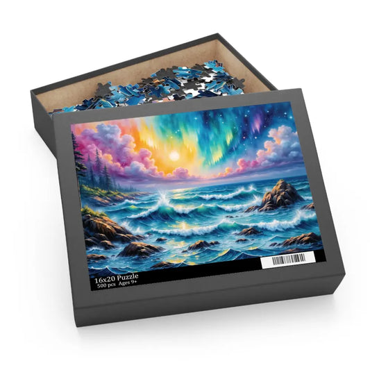 Jigsaw Puzzle Celestial Tide with swirling aurora seascape transforms puzzle time featuring blue pieces