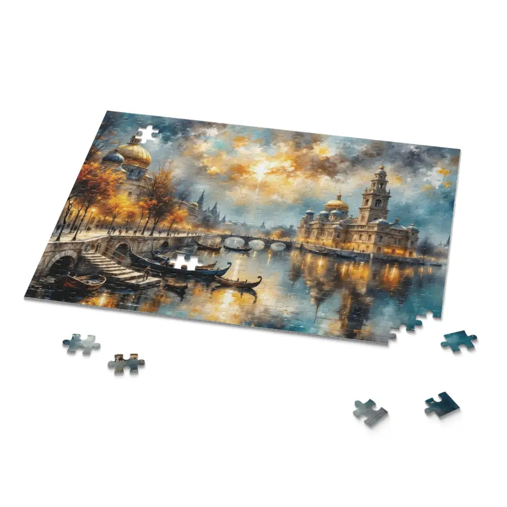 Partially assembled jigsaw puzzle of vibrant cityscape with tranquil gondolas converge for captivating family nights