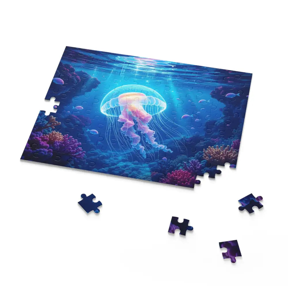 Jellyfish-themed jigsaw puzzle from PixiOnyx Lumen Depths Series glowing underwater scene