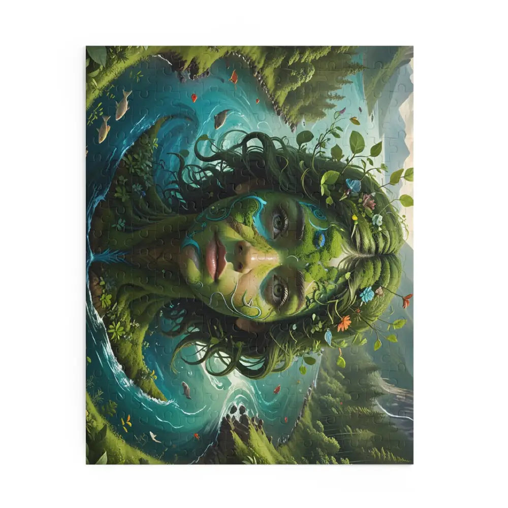 Nature-themed tapestry featuring a woman’s face from the Green Goddess Jigsaw Puzzle Series