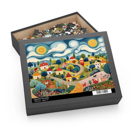 Open jigsaw puzzle box with colorful hillside harmony village scene on lid by Honson Ventures Limited