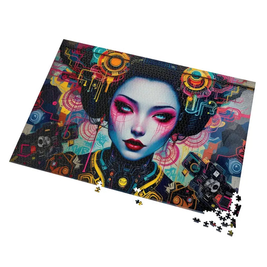 Cyberpunk Geisha Puzzle displayed in PixiOnyx Art-Fusion Urban Brain Teaser product
