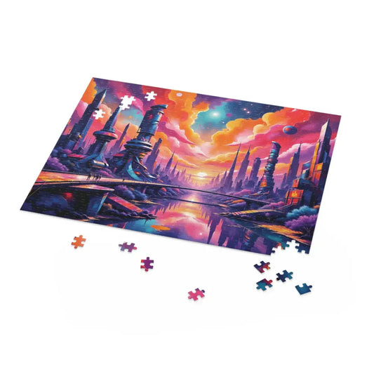 Vibrant jigsaw puzzle of a futuristic city at sunset, perfect for surreal sci-fi realm and vivid visual escape