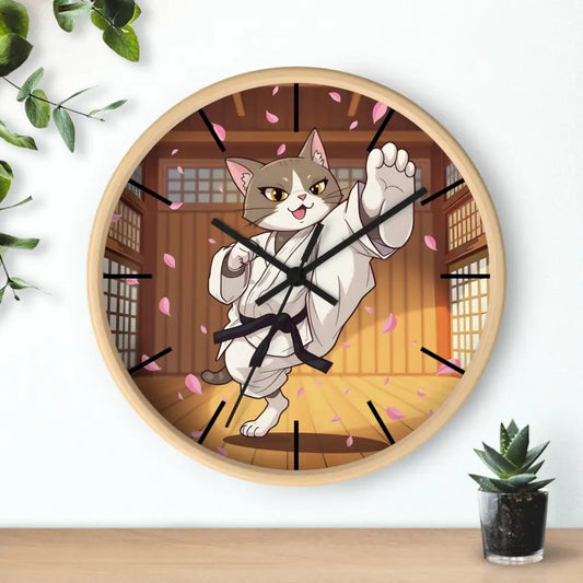 Round wooden wall clock featuring a Karate Cat design in anime style decor