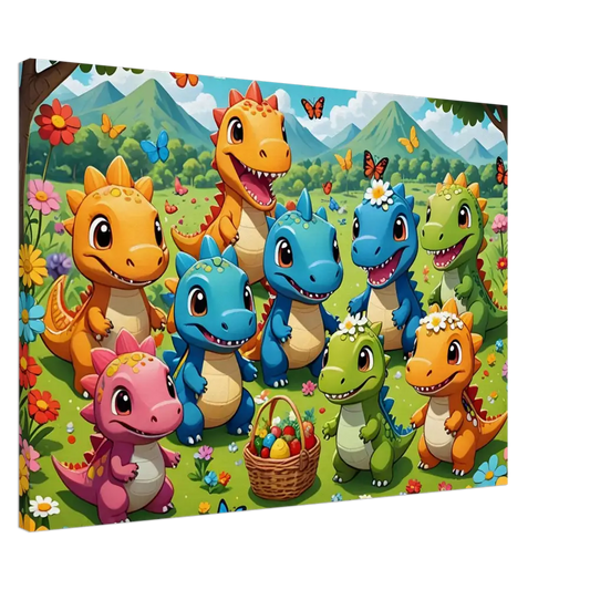 Colorful cartoon dinosaurs with Easter basket on Kawaii Dinos Canvas Jurassic Joy Bloom