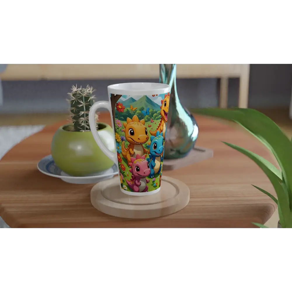 Tall mug with cartoon dragons from Kawaii Dinos Latte Mug Jurassic Joy Bloom by PixiOnyx