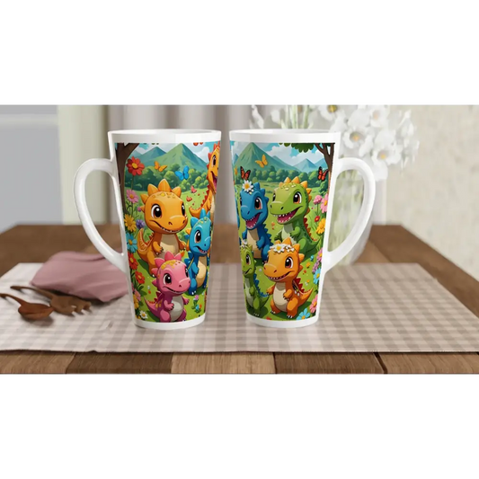 Two dinosaur-themed ceramic latte mugs in vibrant colors featuring Jurassic Joy Bloom design