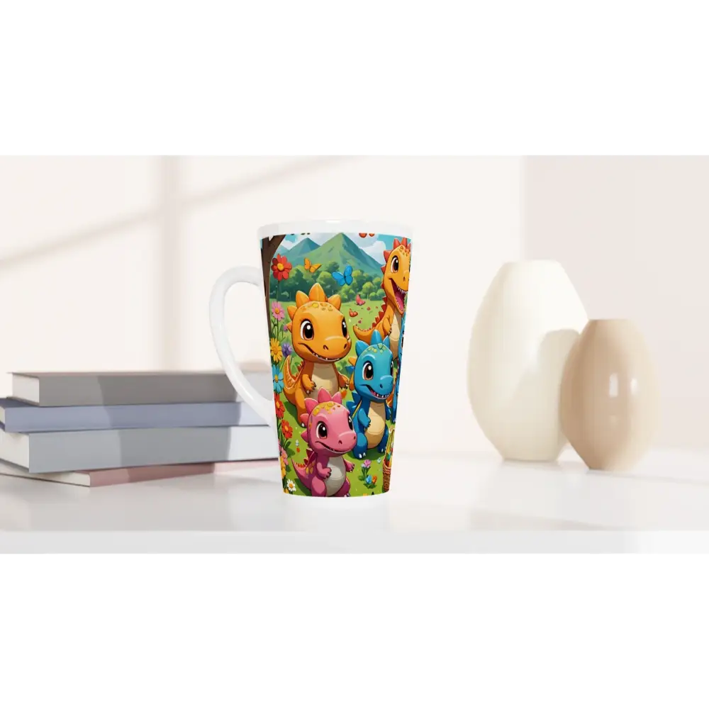 Tall ceramic latte mug with colorful cartoon dinosaurs for Jurassic Joy Bloom by PixiOnyx