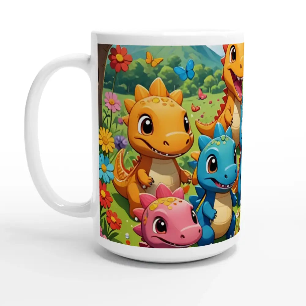 Cartoon dinosaur mug from Kawaii Dinos Mug Jurassic Joy Bloom by PixiOnyx 15oz ceramic cup