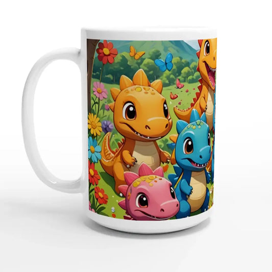 Cartoon dinosaur mug from Kawaii Dinos Mug Jurassic Joy Bloom by PixiOnyx 15oz ceramic cup