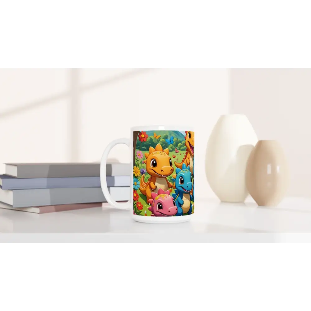Kawaii Dinos Mug featuring a cartoon dinosaur design in 15oz ceramic cup