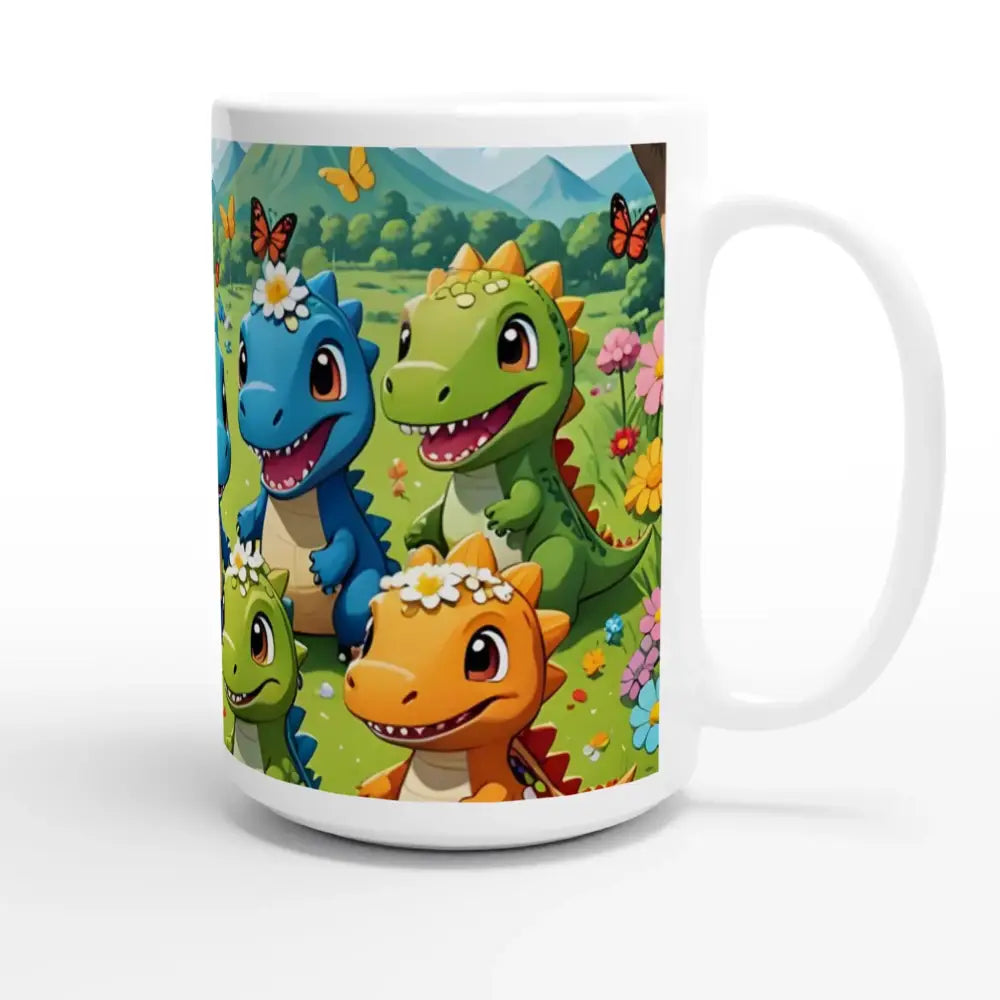 White ceramic mug with colorful cartoon dinosaurs from Kawaii Dinos Mug Jurassic Joy Bloom