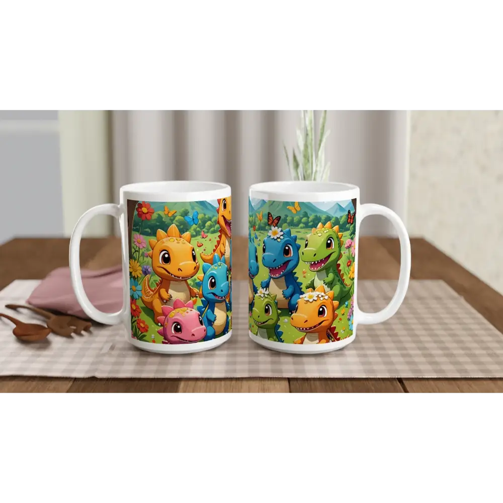 Kawaii Dinos Mug Jurassic Joy Bloom with cartoon dinosaurs, 15oz ceramic cup